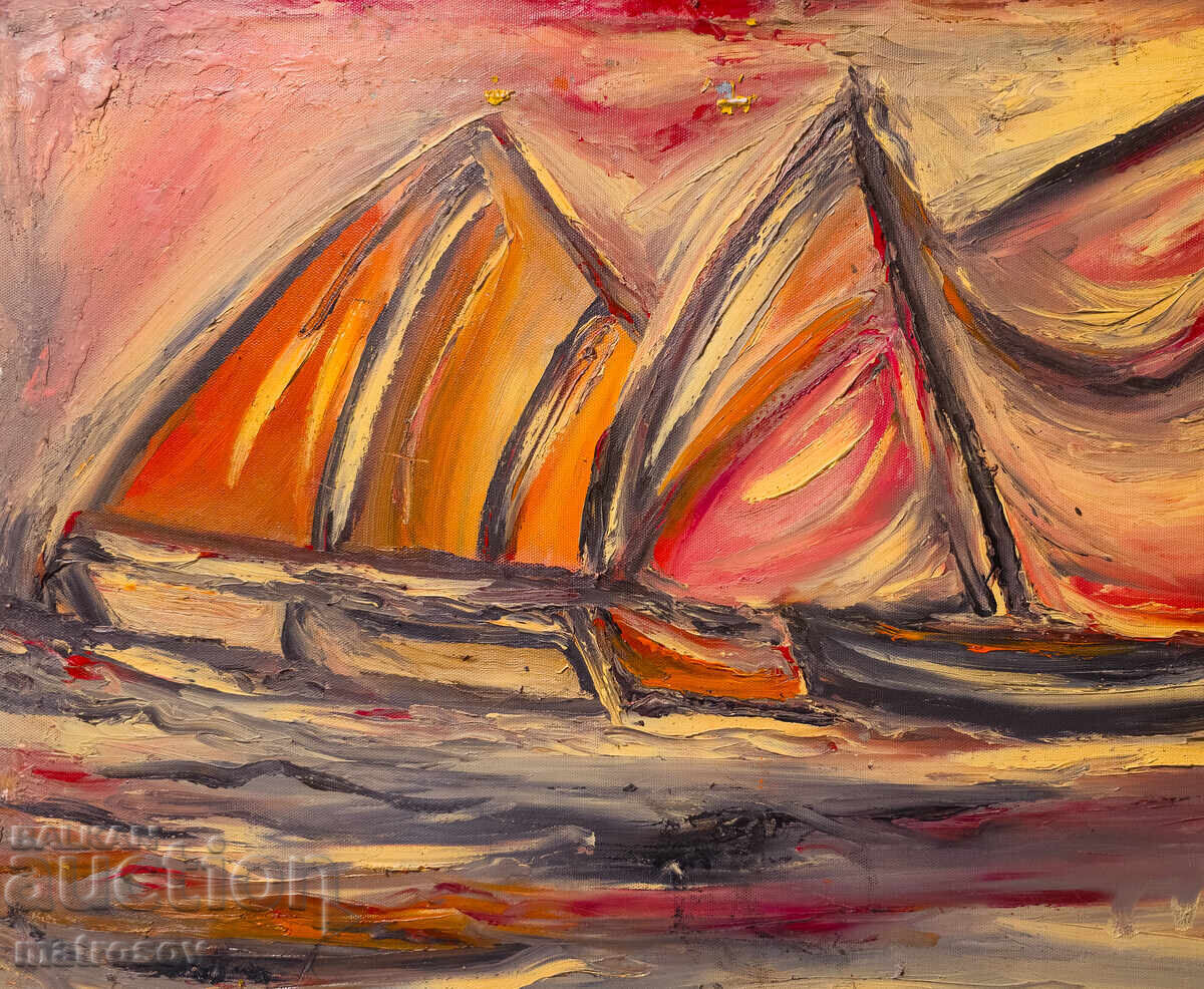 Valentin Radenovski, oil painting, seascape with boats with price 350.00 BGN | € 178.95