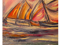 Valentin Radenovski, pictură în ulei, peisaj marin cu bărci