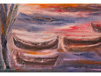 Valentin Radenovski, pictură în ulei, peisaj marin cu bărci