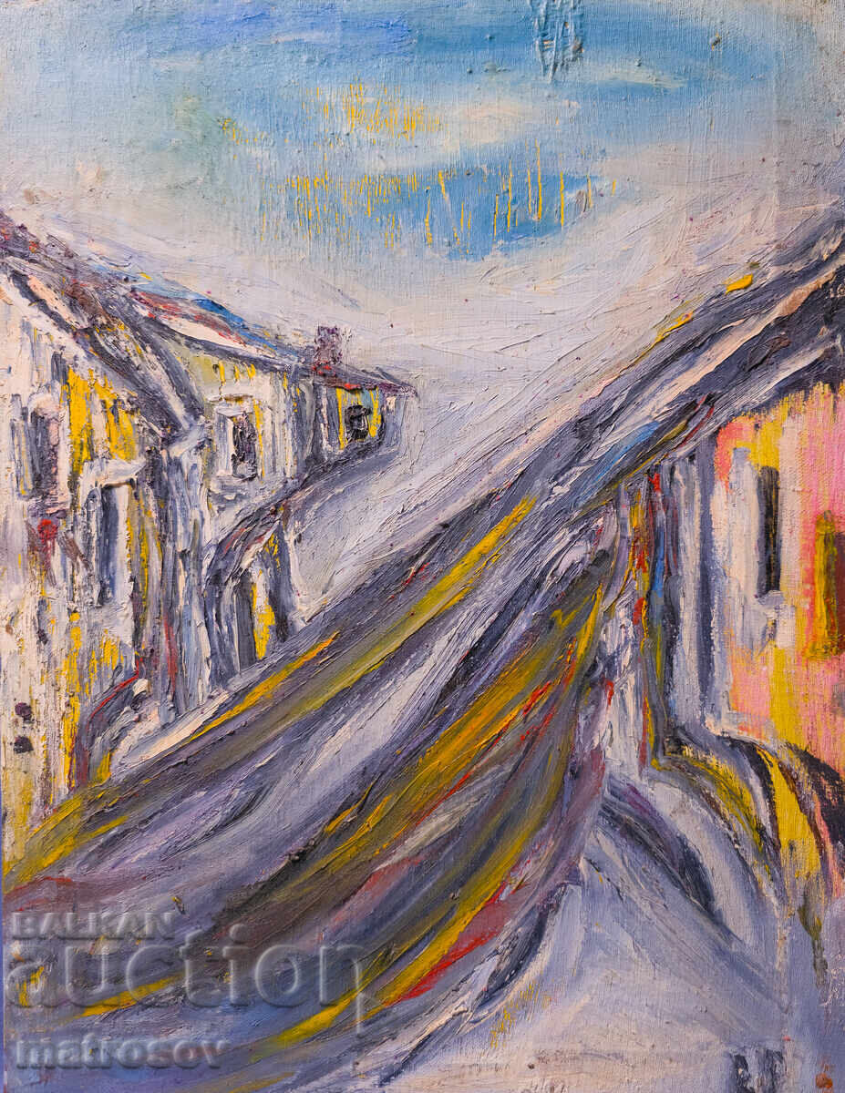 Valentin Radenovski, oil painting, landscape "Our Street" with price 380.00 BGN | € 194.29