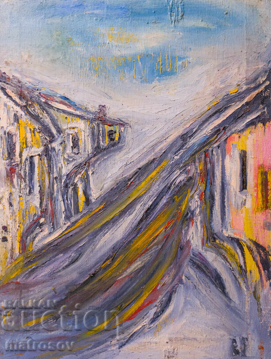 Valentin Radenovski, oil painting, landscape "Our Street"