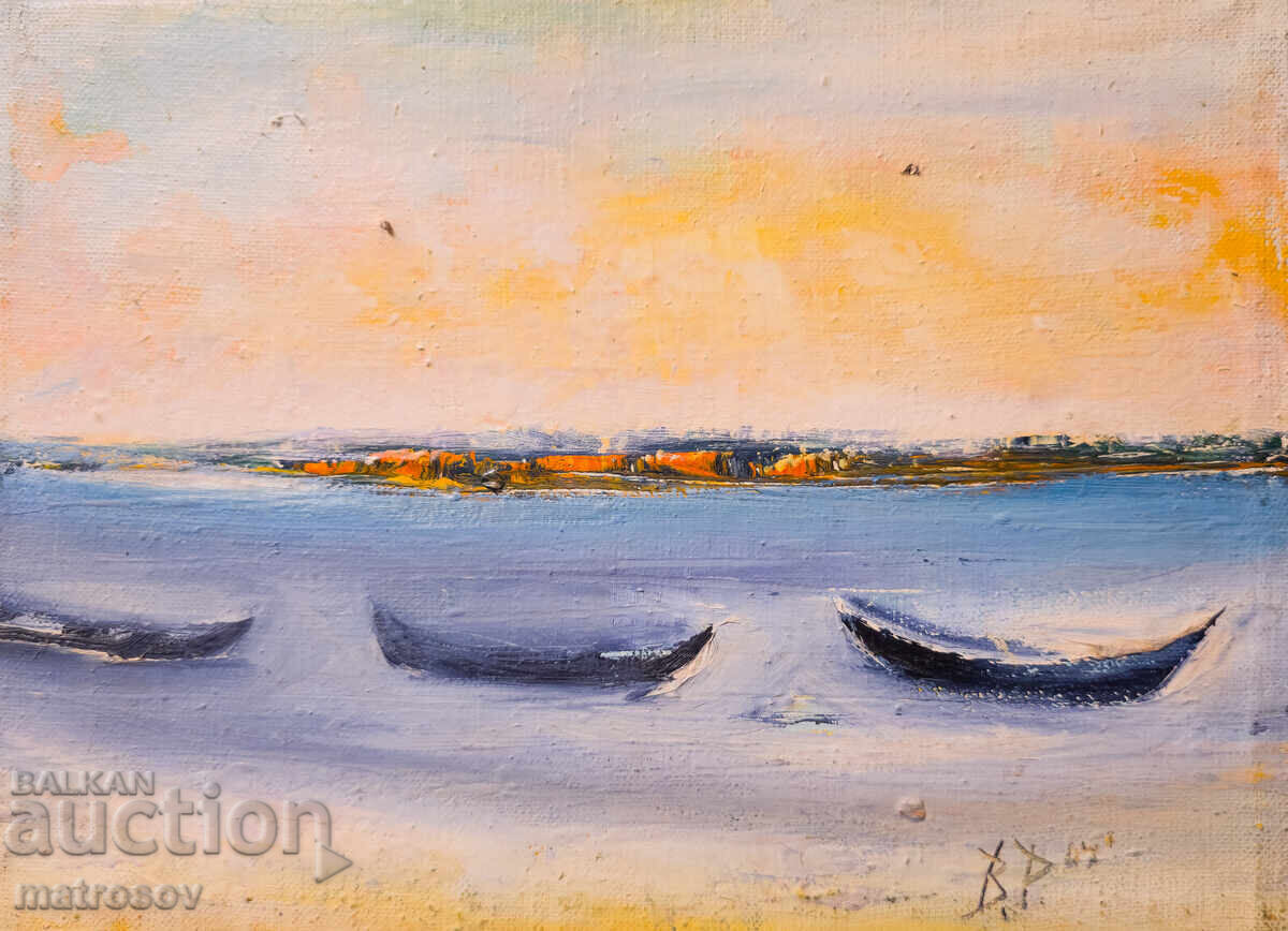 Valentin Radenovski, peisaj marin cu bărci, ulei pe pânză cu preț 200.00 BGN | € 102.26