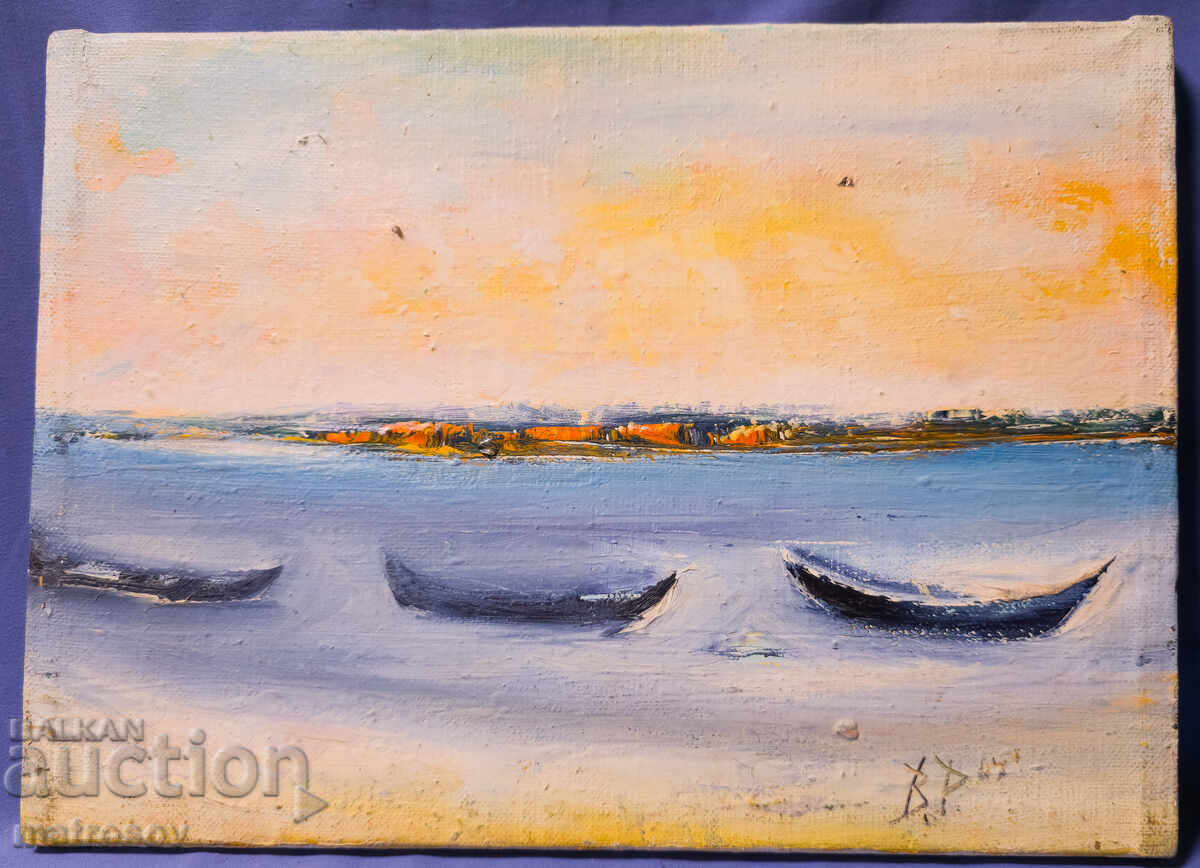 Licitație Valentin Radenovski, peisaj marin cu bărci, ulei pe pânză