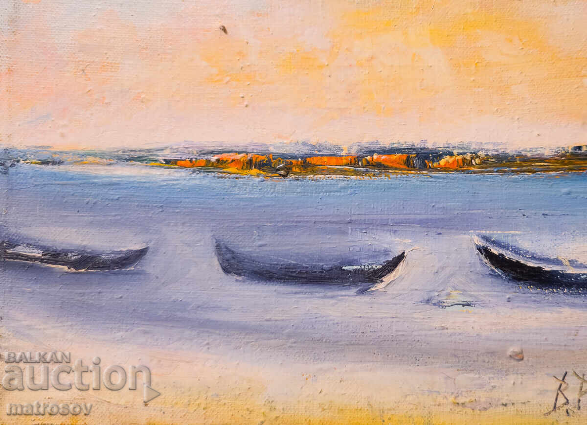 Livrarea Valentin Radenovski, peisaj marin cu bărci, ulei pe pânză