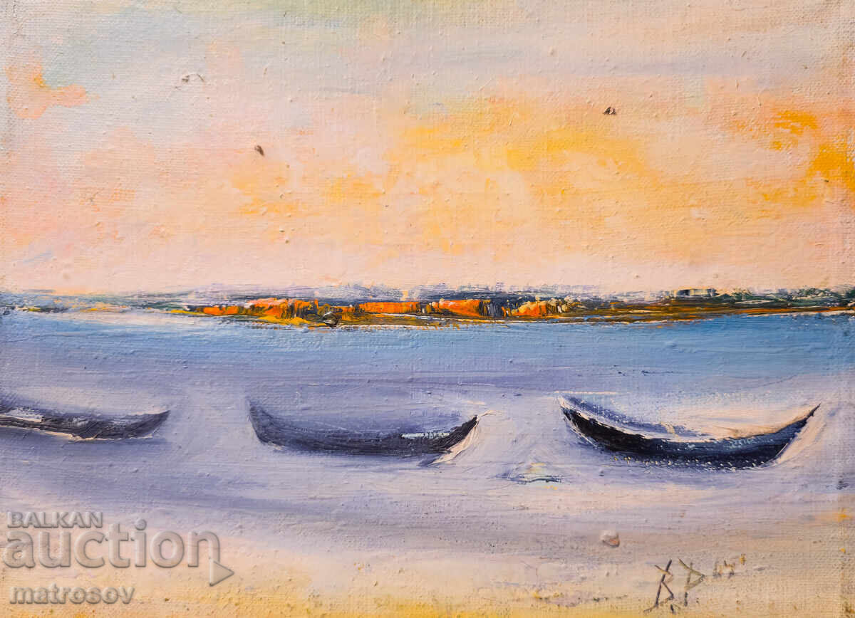 Valentin Radenovski, peisaj marin cu bărci, ulei pe pânză