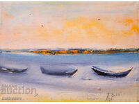 Valentin Radenovski, seascape with boats, oil paints