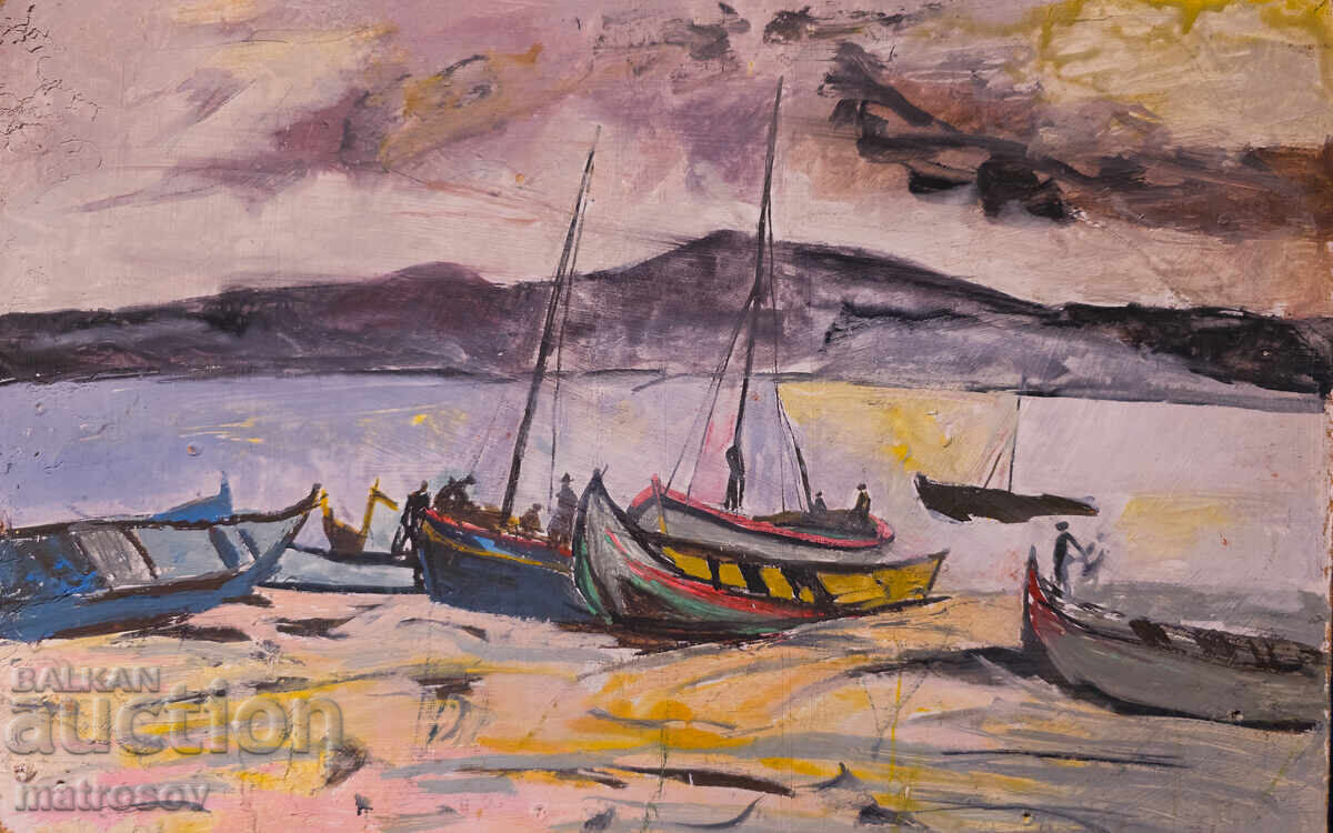 Peter Nenov, seascape, oil paints, landscape with boats with price 300.00 BGN | € 153.39