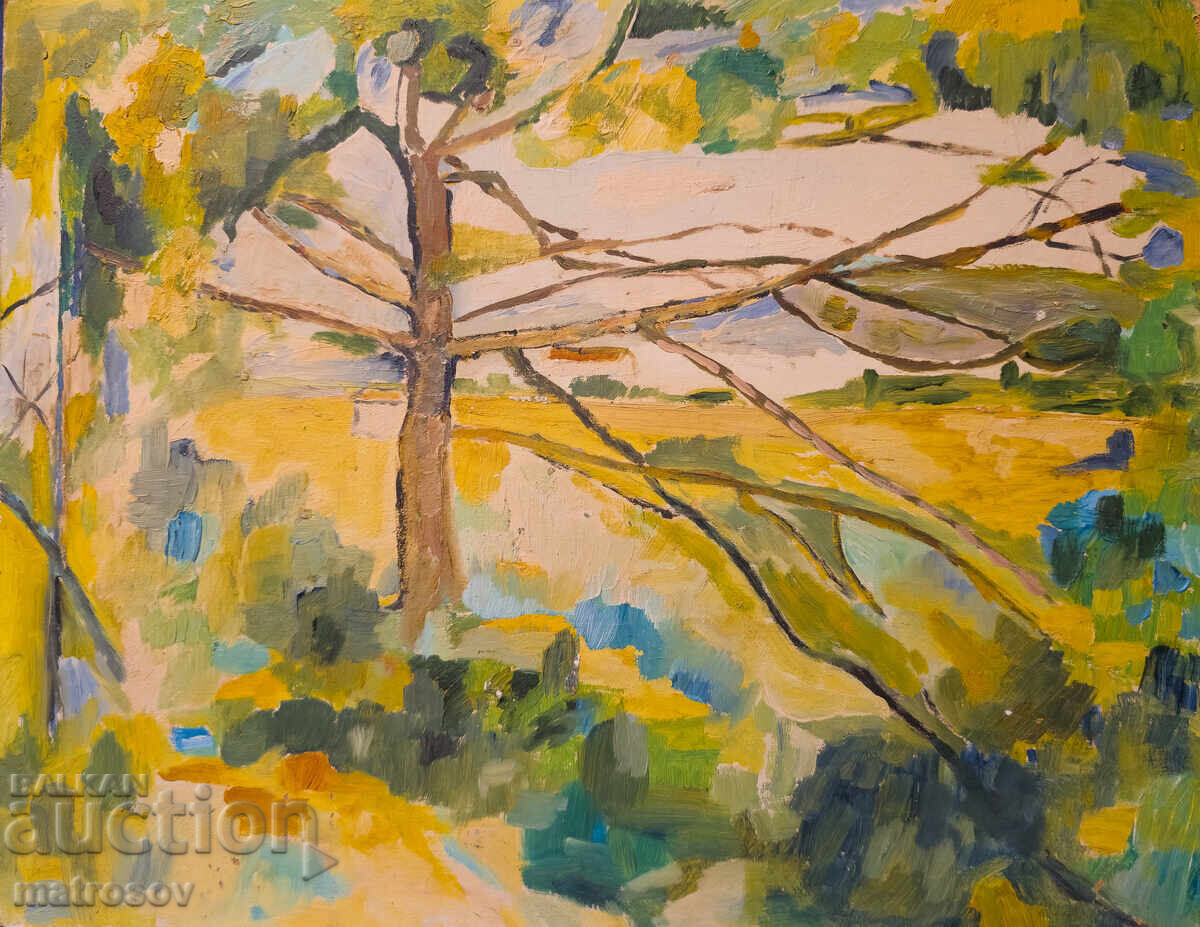 Peter Nenov, oil painting, landscape with a tree with price 300.00 BGN | € 153.39