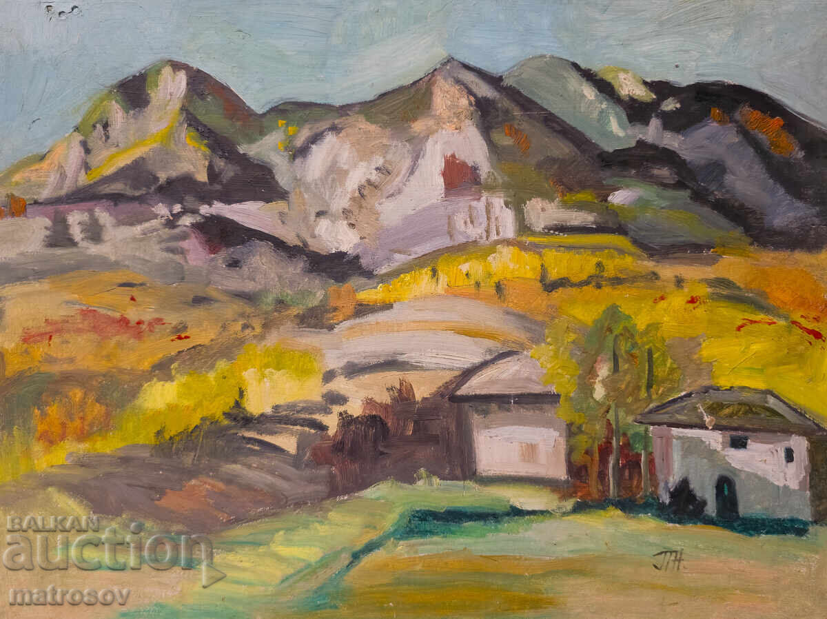 Peter Nenov, mountain landscape with houses, oil paints with price 300.00 BGN | € 153.39 Peter Nenov, mountain landscape with houses, oil paints with price 300.00 BGN | € 153.39