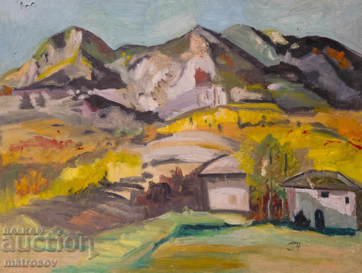 Peter Nenov, mountain landscape with houses, oil paints Peter Nenov, mountain landscape with houses, oil paints
