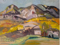 Peter Nenov, mountain landscape with houses, oil paints