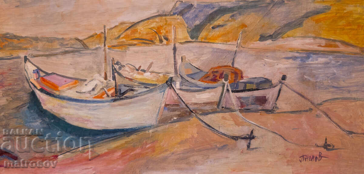 Peter Nenov, oil painting, seascape with boats with price 300.00 BGN | € 153.39