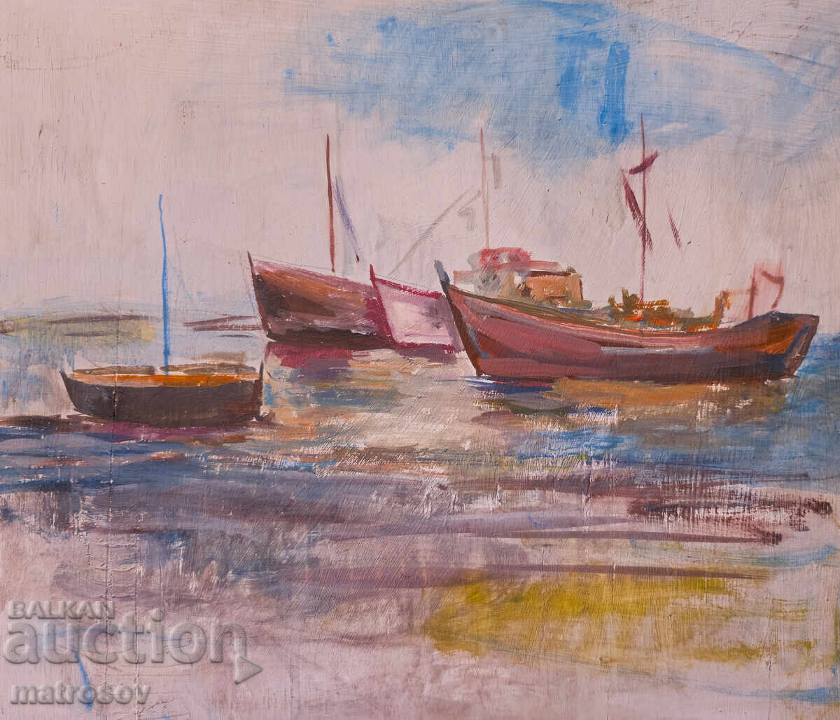 Peter Nenov, seascape with boats, oil painting with price 300.00 BGN | € 153.39