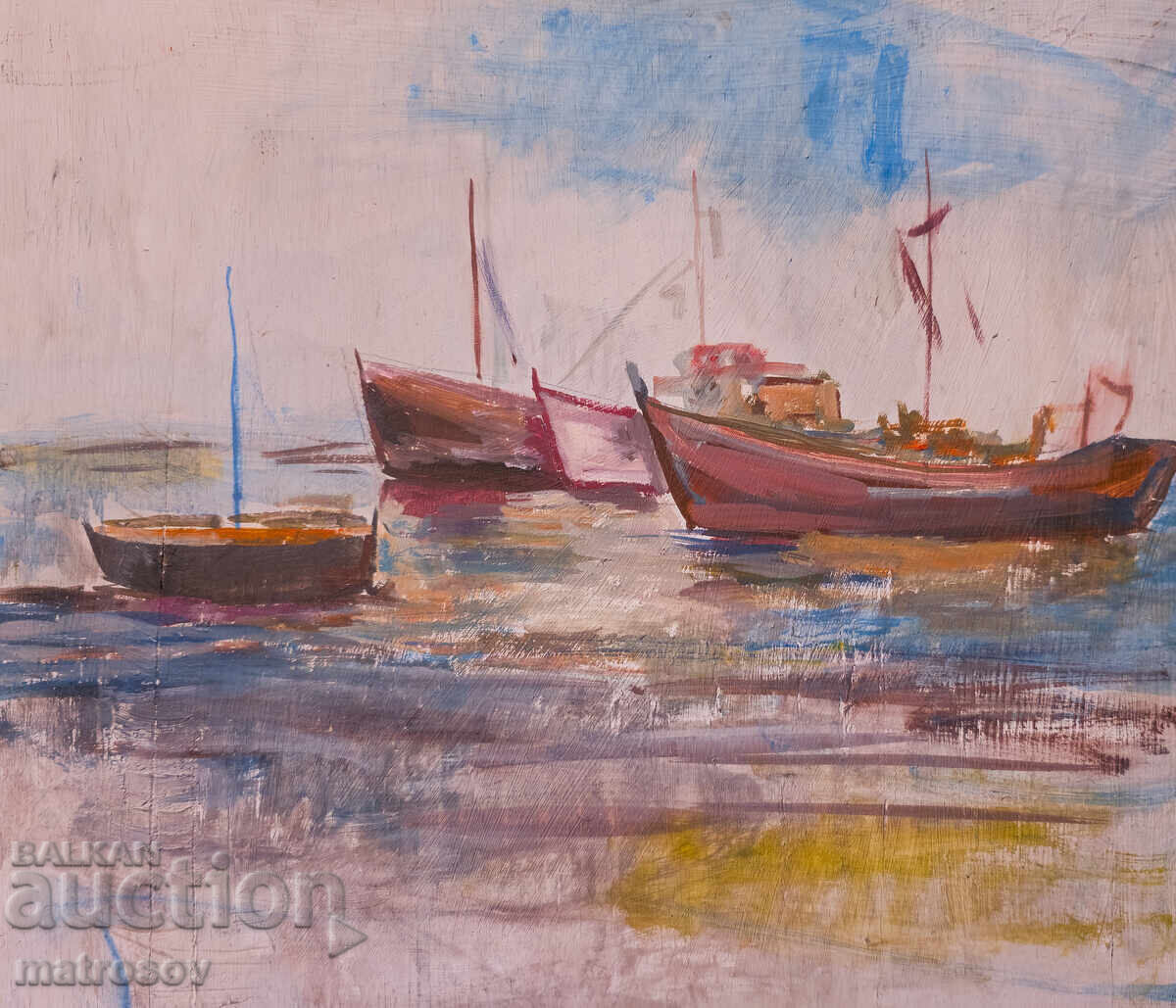 Delivery of Peter Nenov, seascape with boats, oil painting