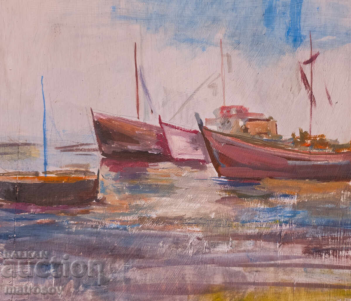 Peter Nenov, seascape with boats, oil painting - 6