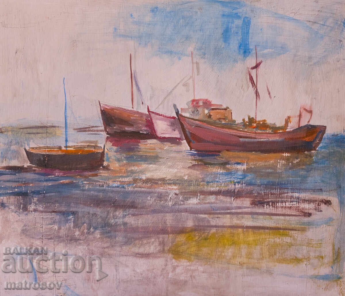 Peter Nenov, seascape with boats, oil painting