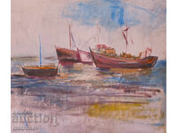 Πέταρ Νένοφ, θαλασσινό τοπίο με βάρκες, ελαιογραφία