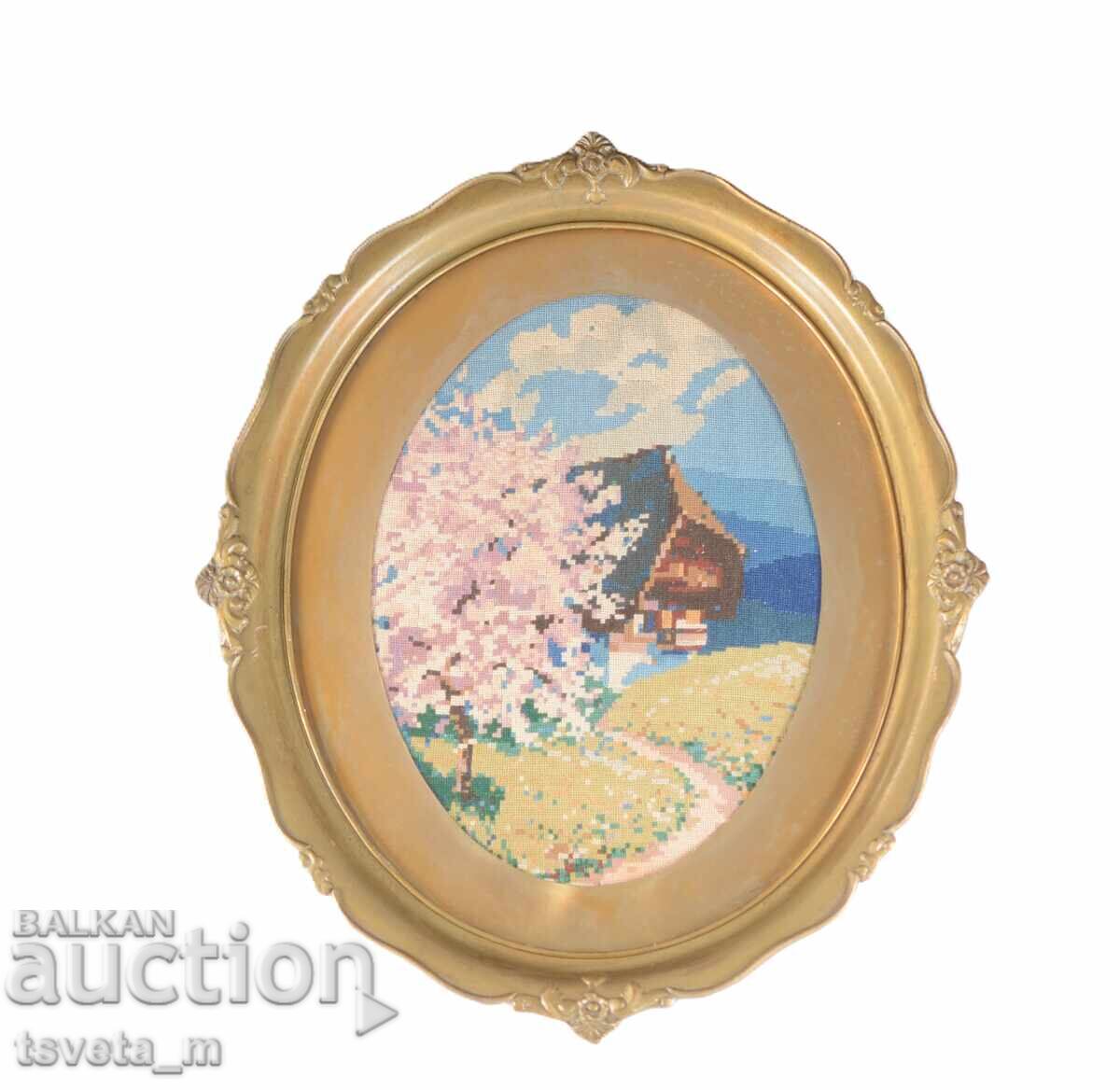 Oval gold frame with tapestry spring landscape with price 20.00 BGN | € 10.23 Oval gold frame with tapestry spring landscape with price 20.00 BGN | € 10.23