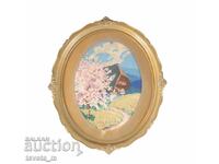 Oval gold frame with tapestry spring landscape