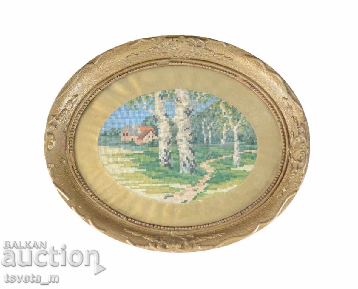 Oval gold frame with tapestry house with tree with price 15.00 BGN | € 7.67 Oval gold frame with tapestry house with tree with price 15.00 BGN | € 7.67