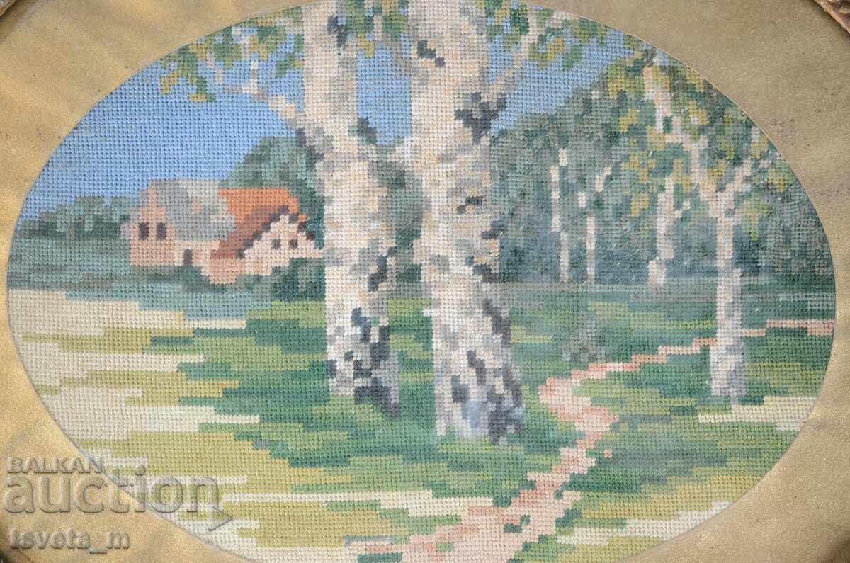 Auction Oval gold frame with tapestry house with tree Auction Oval gold frame with tapestry house with tree