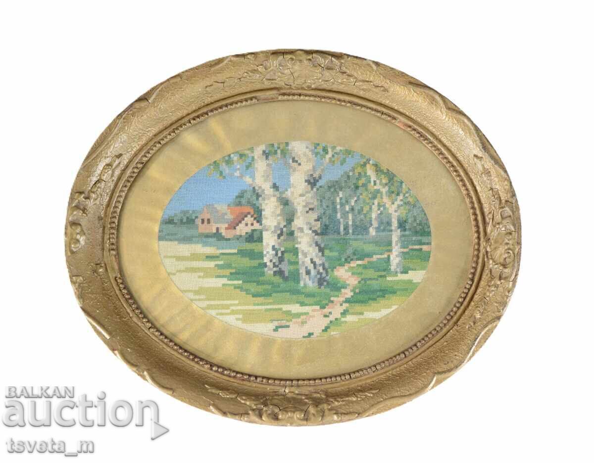 Oval gold frame with tapestry house with tree Oval gold frame with tapestry house with tree