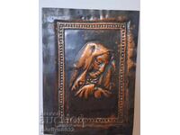 Icoană de cupru Maica Domnului Fecioara Maria cupru Cruce Golgota