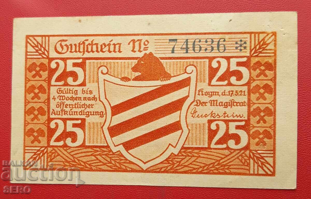 Bancnota-Germania-Saxonia-Heim-25 Pfennig 1921 cu preț 2.00 BGN | € 1.02