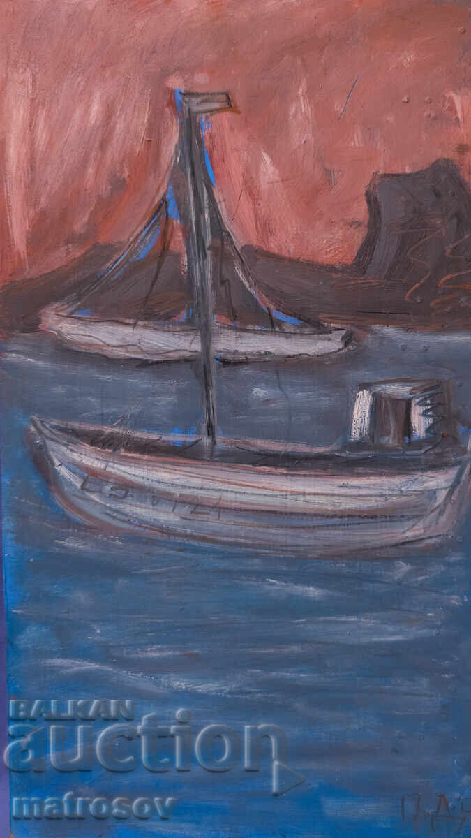 Πέταρ Ντόμουςτσιεφ, ελαιογραφία, τοπίο με βάρκες με τιμή 200.00 BGN | € 102.26