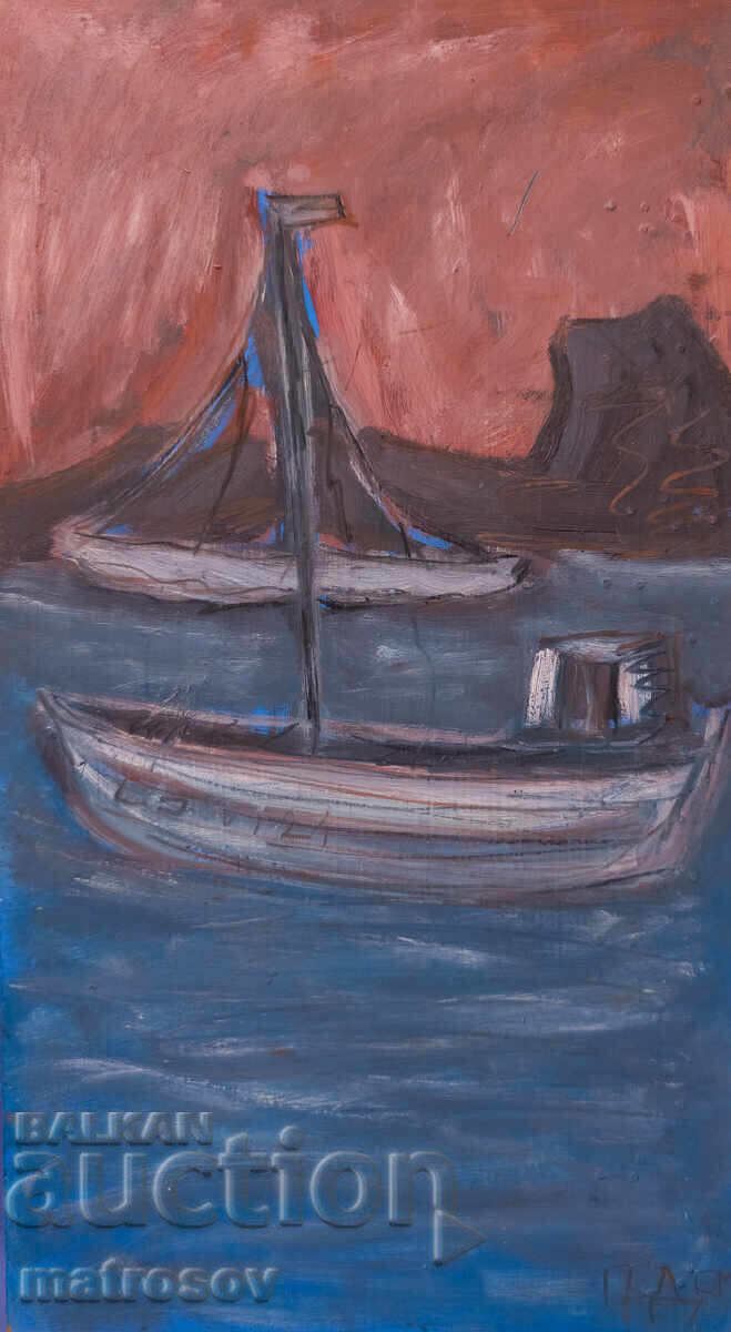 Πέταρ Ντόμουςτσιεφ, ελαιογραφία, τοπίο με βάρκες