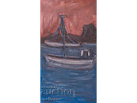 Petăr Domuschiev, pictură în ulei, peisaj cu bărci