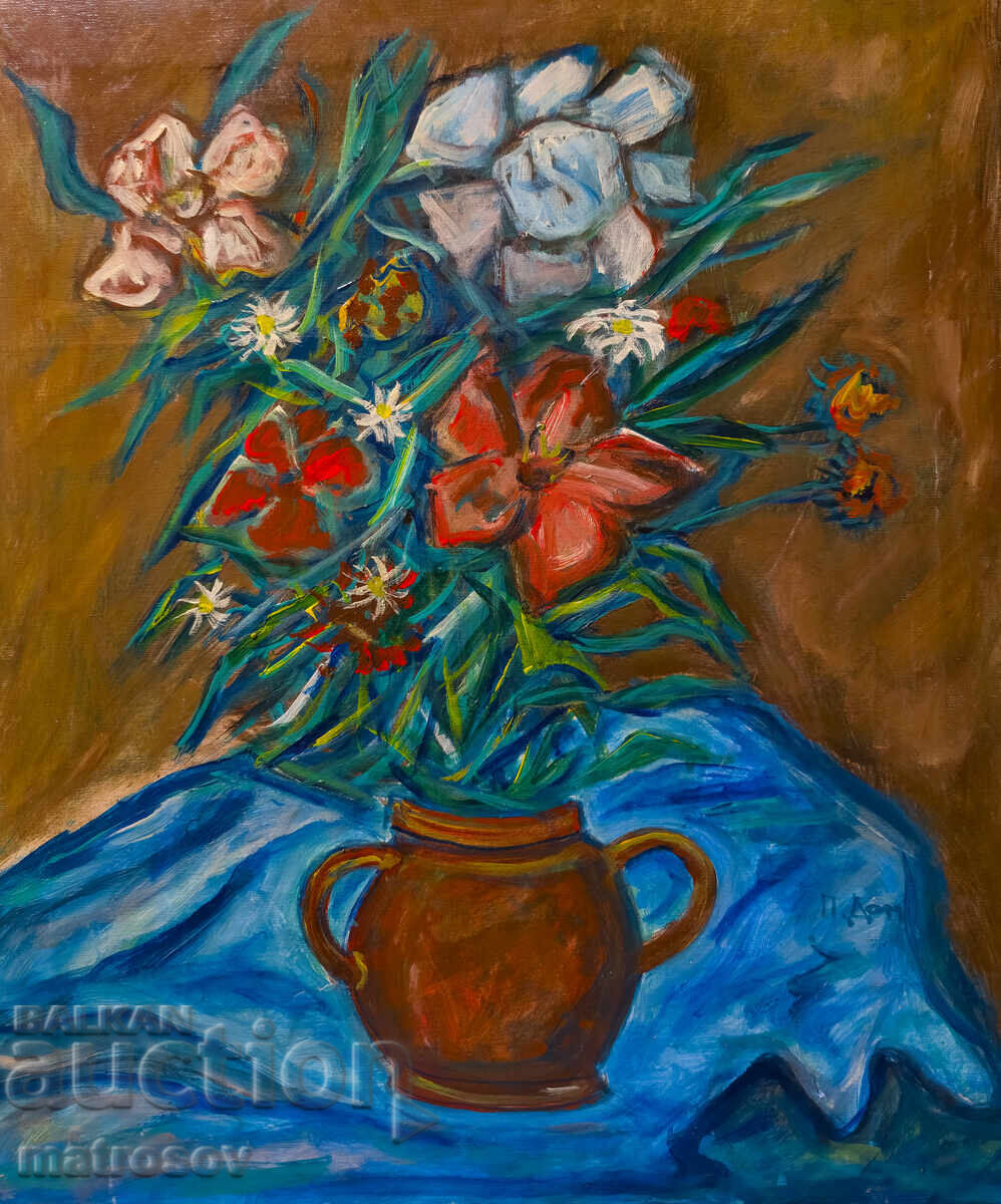 Πέταρ Ντόμουςτσιεφ, ελαιογραφία, νεκρή φύση με βάζο και λουλούδια με τιμή 400.00 BGN | € 204.52
