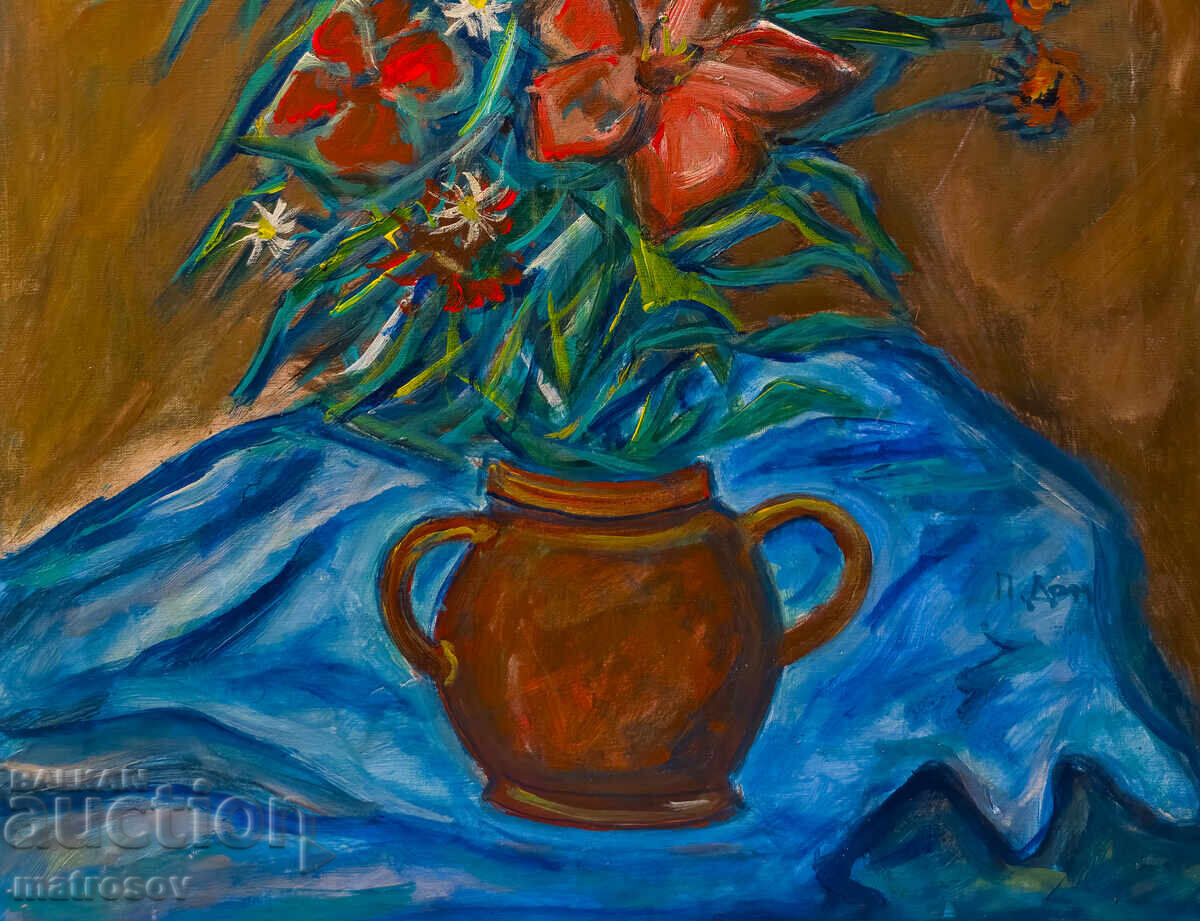 Πέταρ Ντόμουςτσιεφ, ελαιογραφία, νεκρή φύση με βάζο και λουλούδια - 5