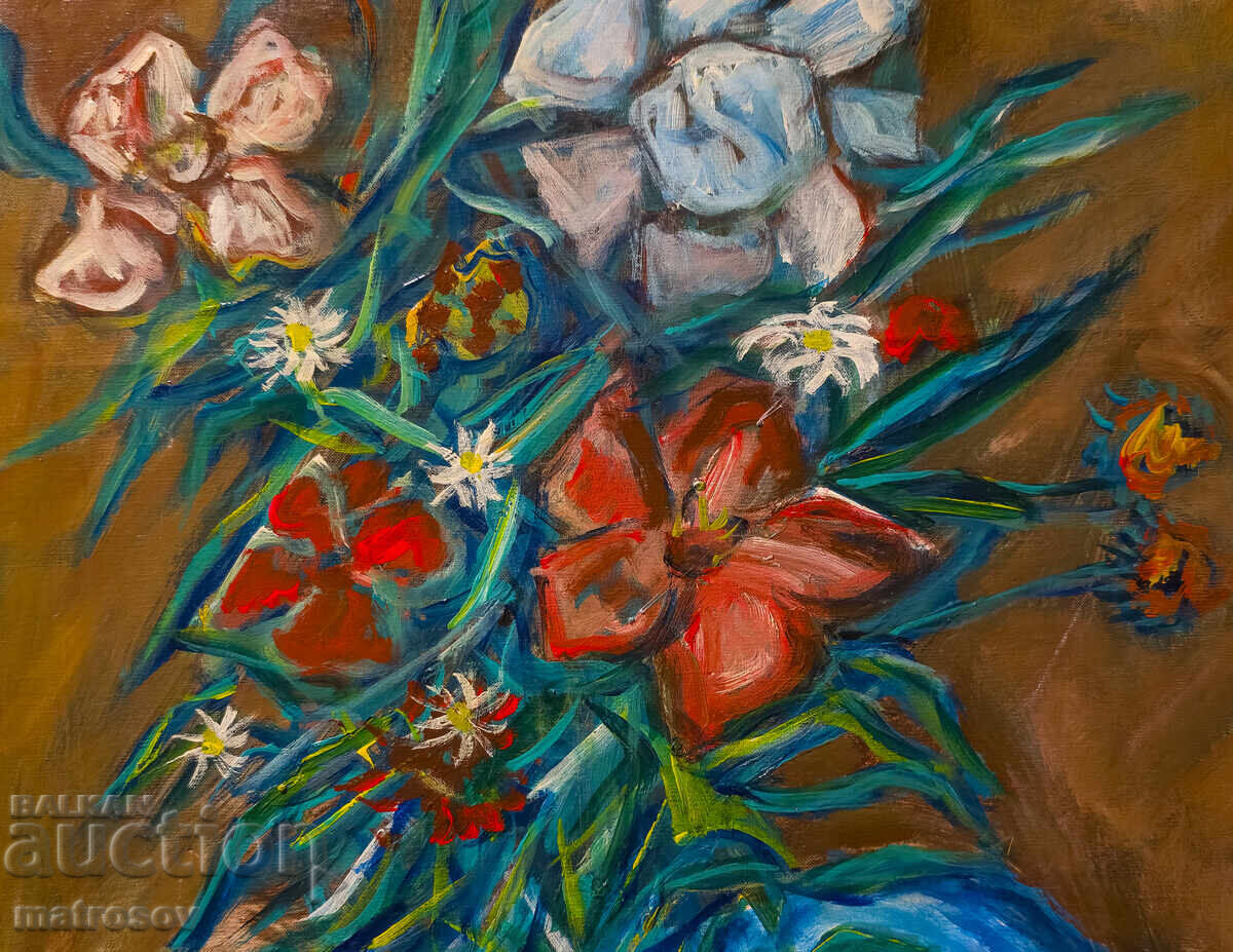 Πέταρ Ντόμουςτσιεφ, ελαιογραφία, νεκρή φύση με βάζο και λουλούδια - 6