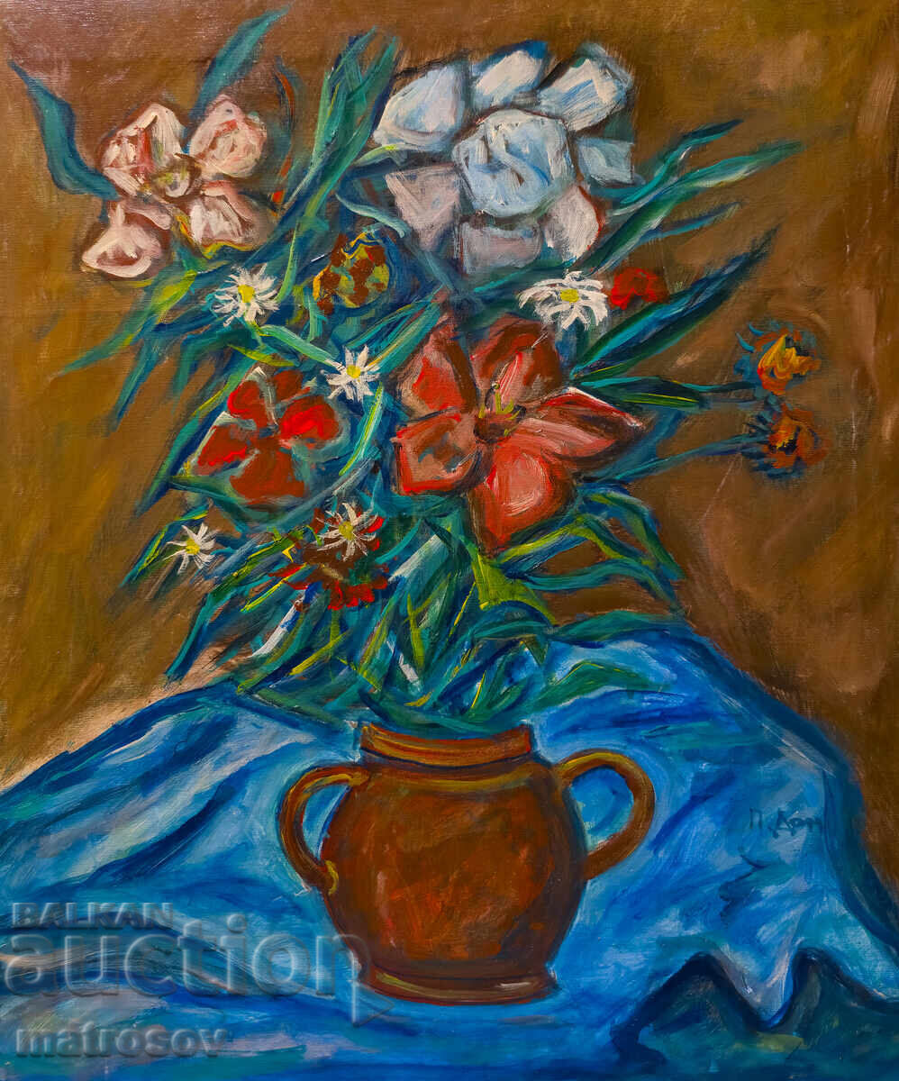 Πέταρ Ντόμουςτσιεφ, ελαιογραφία, νεκρή φύση με βάζο και λουλούδια