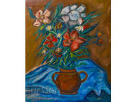 Peter Domuschiev, oil painting, still life vase with flowers
