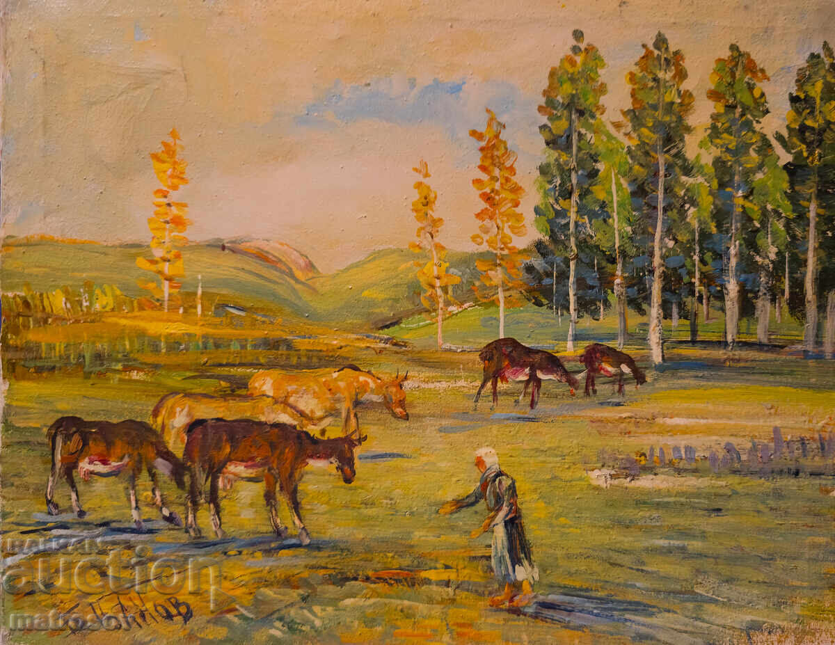 Boris Tsanov, oil painting, forest landscape with animals with price 250.00 BGN | € 127.82