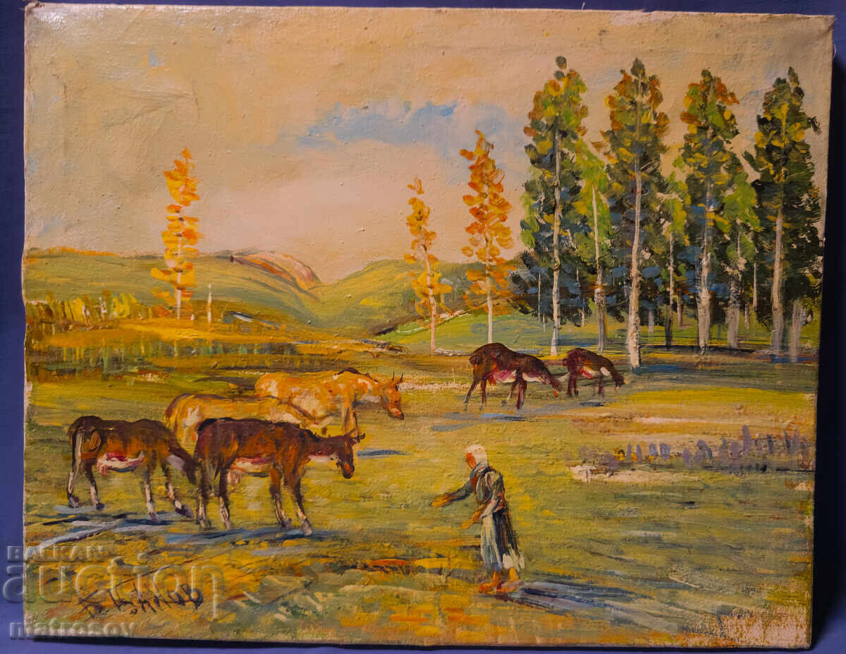 Auction  Boris Tsanov, oil painting, forest landscape with animals