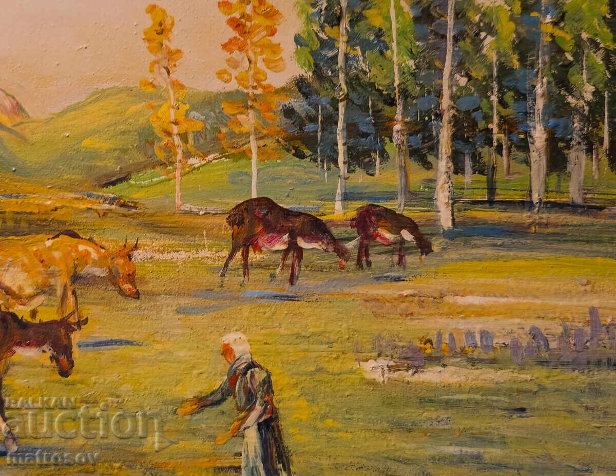 Boris Tsanov, oil painting, forest landscape with animals - 6