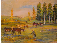 Boris Tsanov, pictură în ulei, peisaj forestier cu animale