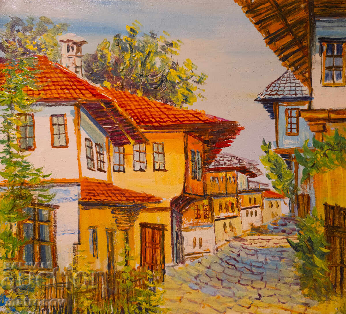 Борис Цанов картина маслени бои , пейзаж с къщи с цена 300.00 лв. | € 153.39