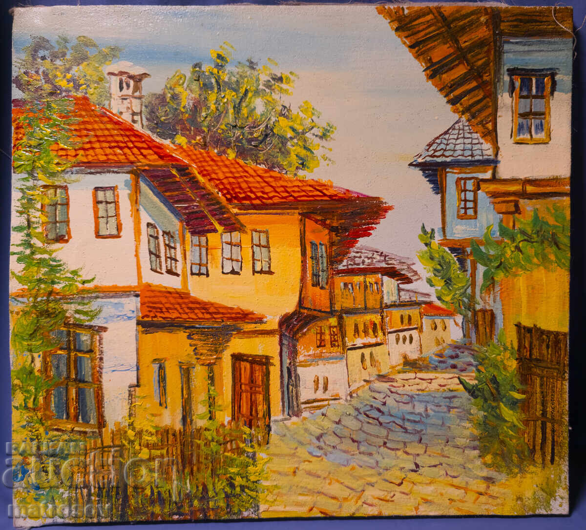 Аукцион Борис Цанов картина маслени бои , пейзаж с къщи