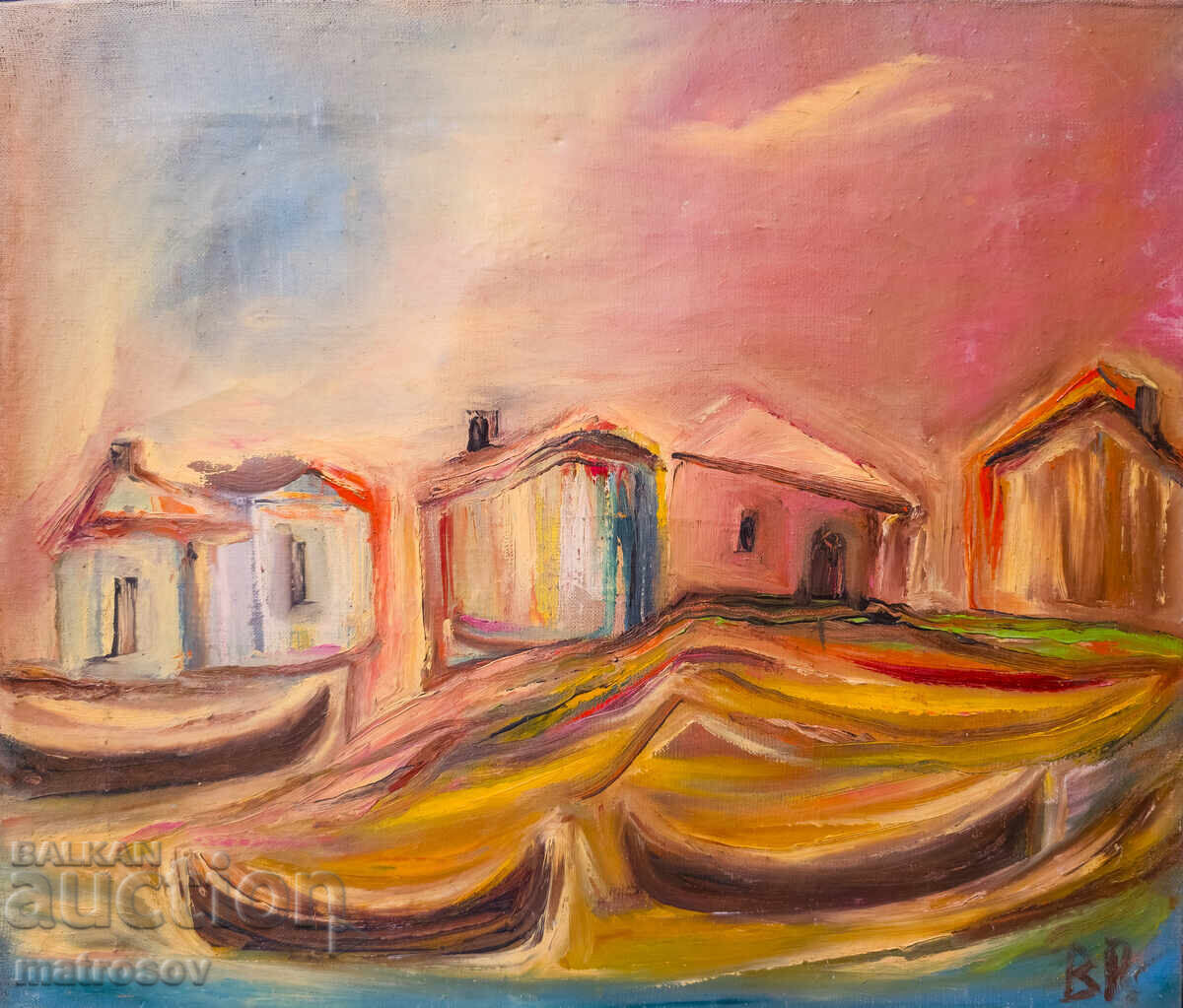 Valentin Radenovski, oil painting, "Fishing Village" with price 400.00 BGN | € 204.52