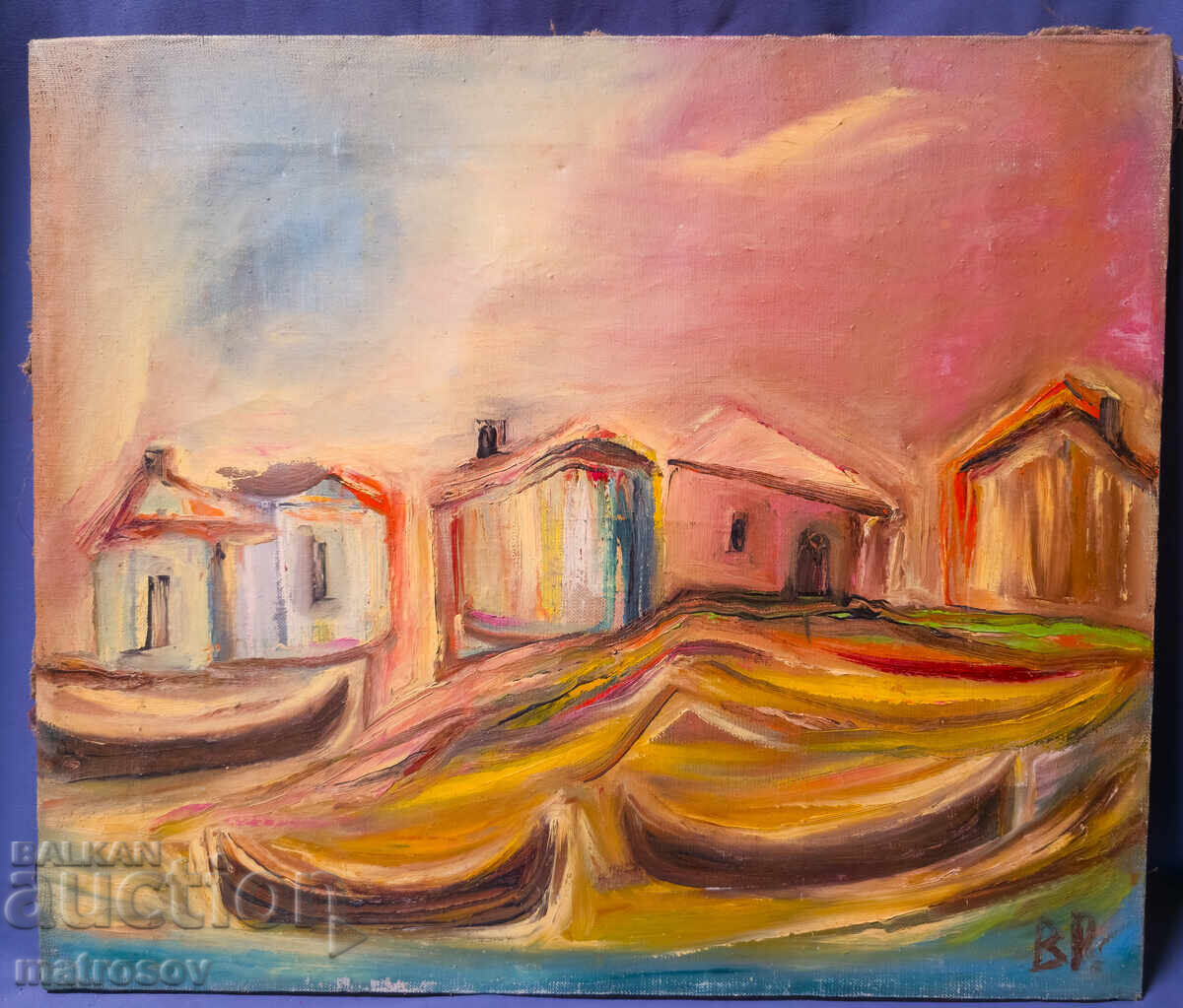 Auction  Valentin Radenovski, oil painting, "Fishing Village"