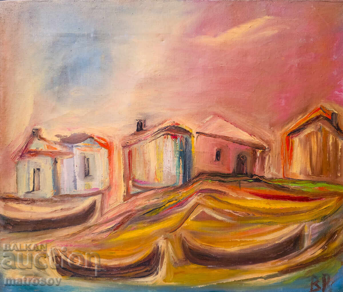 Valentin Radenovski, oil painting, "Fishing Village"