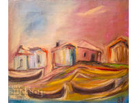 Valentin Radenovski, oil painting, "Fishing Village"