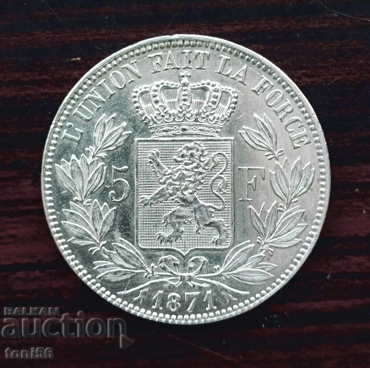 Βέλγιο - Λεοπόλδος Β', 5 φράγκα 1871 aUNC Βέλγιο - Λεοπόλδος Β', 5 φράγκα 1871 aUNC