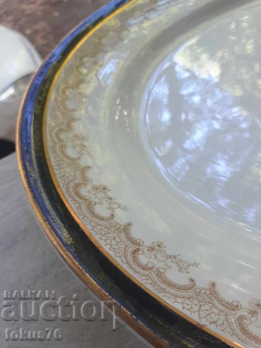Licitație Tavă englezească uriașă, platou porțelan cobalt, margine aurie