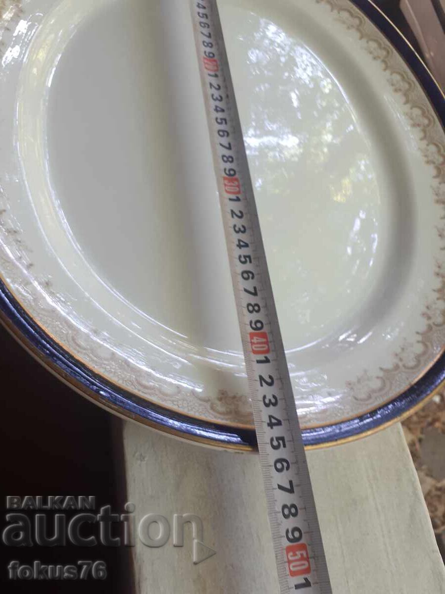 Tavă englezească uriașă, platou porțelan cobalt, margine aurie - 7