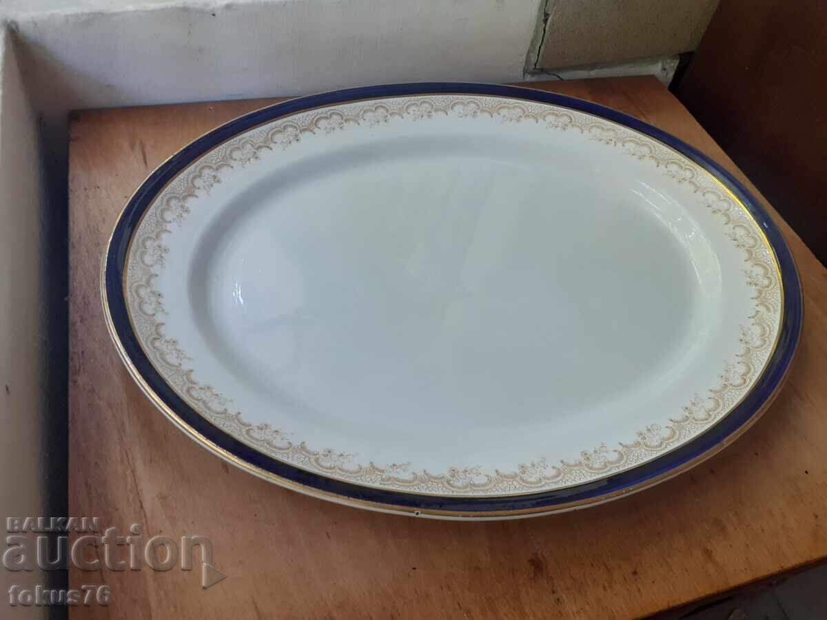 Tavă englezească uriașă, platou porțelan cobalt, margine aurie